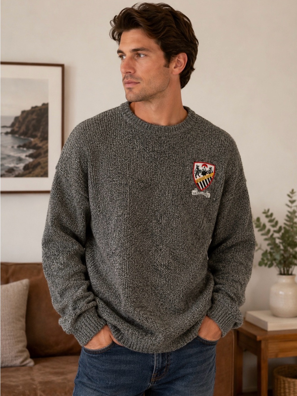 Vintage Tricot Marine Ireland Pure New Wool Knit Sweater Crest Patch Gray Size L